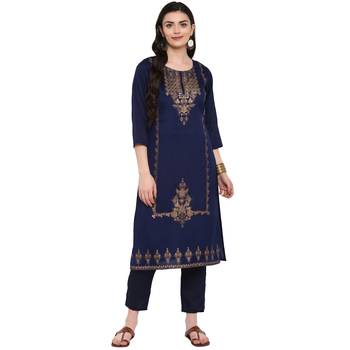 Blue Color Foil Print Straight Polysilk Kurta Pant Set 2