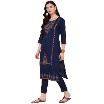 Blue Color Foil Print Straight Polysilk Kurta Pant Set 4