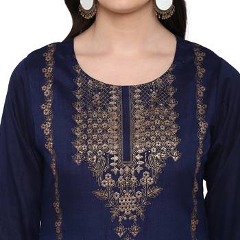 Blue Color Foil Print Straight Polysilk Kurta Pant Set 5