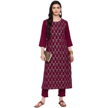Pink Color Foil Print Straight crepe Kurta Pant Set 1
