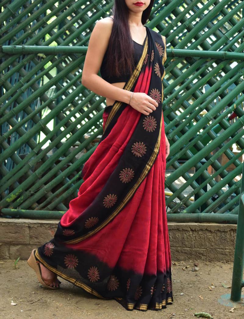 Maheshwari Block Print Saree Handloom Red\u0026Black - Richa Pandey - 2937591
