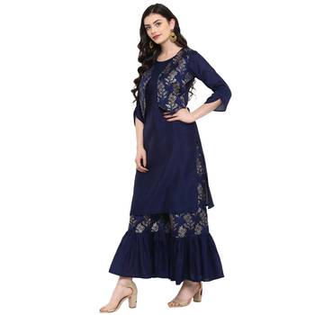 Blue Color Foil Print Straight Polysilk Kurta Sharara Set 2