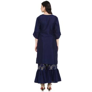 Blue Color Foil Print Straight Polysilk Kurta Sharara Set 3