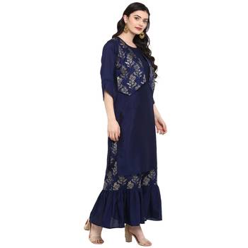 Blue Color Foil Print Straight Polysilk Kurta Sharara Set 4