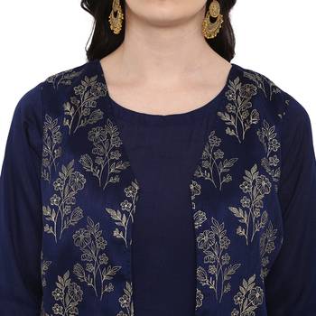 Blue Color Foil Print Straight Polysilk Kurta Sharara Set 5