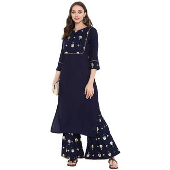 Blue Color Foil Print Straight Rayon Kurta Sharara Set 1