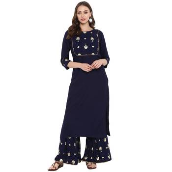 Blue Color Foil Print Straight Rayon Kurta Sharara Set 2