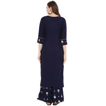 Blue Color Foil Print Straight Rayon Kurta Sharara Set 3