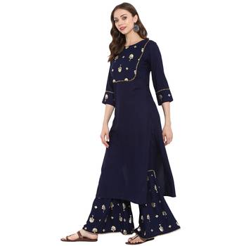 Blue Color Foil Print Straight Rayon Kurta Sharara Set 4