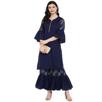 Blue Color Foil Print Straight Polysilk Kurta 1