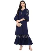 Blue Color Foil Print Straight Polysilk Kurta
