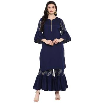 Blue Color Foil Print Straight Polysilk Kurta 2
