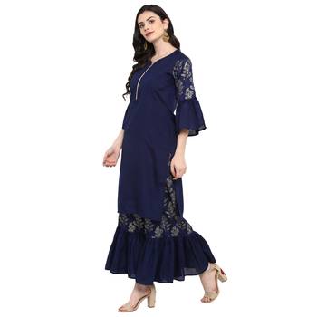 Blue Color Foil Print Straight Polysilk Kurta 4