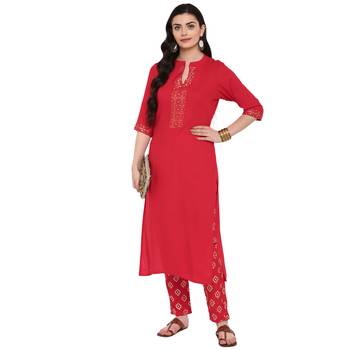 Red Color Foil Print straight Rayon kurta 1
