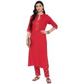 Red Color Foil Print straight Rayon kurta