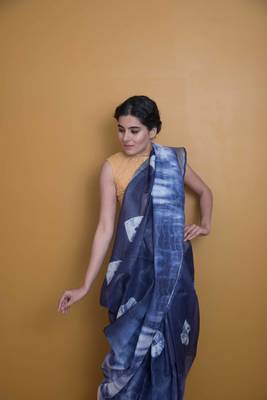 Royal Blue Saree With Tie And Dye Work In Khadi Linen 1