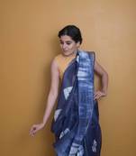 Royal Blue Saree With Tie And Dye Work In Khadi Linen