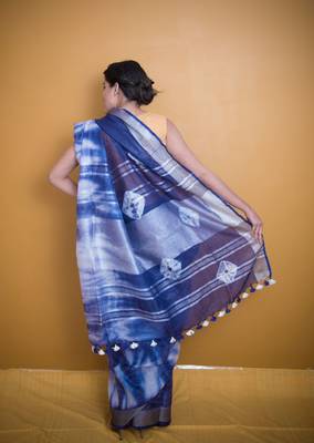 Royal Blue Saree With Tie And Dye Work In Khadi Linen 2