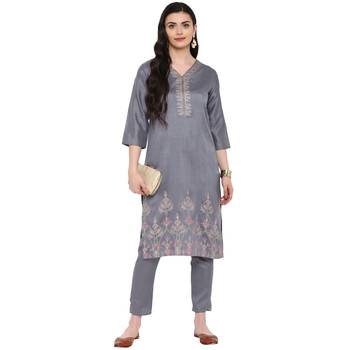 Grey Color Foil Print Straight Polysilk Kurta Pant Set 1