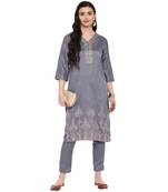 Grey Color Foil Print Straight Polysilk Kurta Pant Set