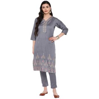 Grey Color Foil Print Straight Polysilk Kurta Pant Set 2