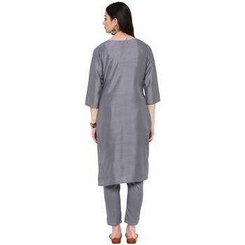 Grey Color Foil Print Straight Polysilk Kurta Pant Set 3