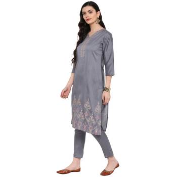 Grey Color Foil Print Straight Polysilk Kurta Pant Set 4