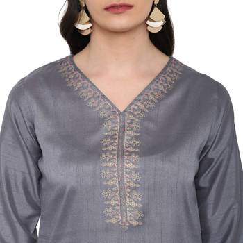Grey Color Foil Print Straight Polysilk Kurta Pant Set 5
