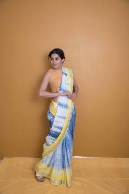 Lemon Yellow And Royal Blue Shaded Saree With Pom Poms In Khadi Silk 1