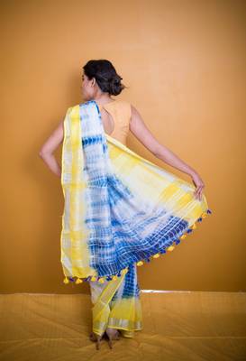 Lemon Yellow And Royal Blue Shaded Saree With Pom Poms In Khadi Silk 2