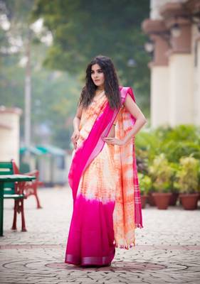 Dark Rose Pink And Orange Shaded Saree In Khadi Linen 1