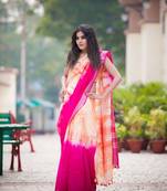 Dark Rose Pink And Orange Shaded Saree In Khadi Linen