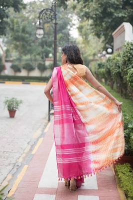 Dark Rose Pink And Orange Shaded Saree In Khadi Linen 2