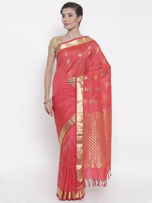 CLASSICATE from the house of The Chennai Silks Women's Coral Pure Kanchipuram Silk Saree With Blouse 1