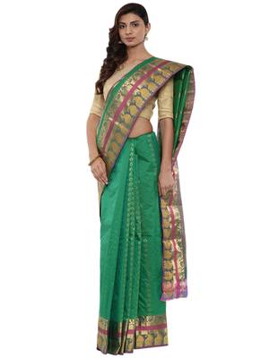 CLASSICATE from the house of The Chennai Silks Women's Green Pure Kanchipuram Silk Saree With Blouse 1