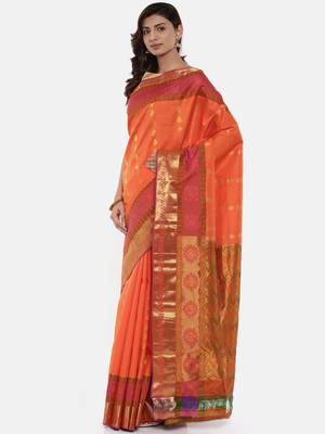 CLASSICATE from the house of The Chennai Silks Women's Orange Pure Kanchipuram Silk Saree With Blouse 1