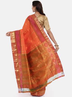 CLASSICATE from the house of The Chennai Silks Women's Orange Pure Kanchipuram Silk Saree With Blouse 2