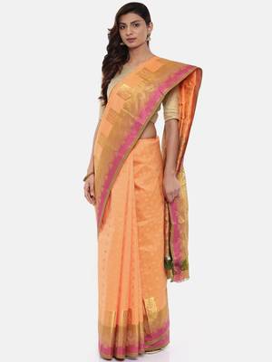 CLASSICATE from the house of The Chennai Silks Women's Orange Pure Kanchipuram Silk Saree With Blouse 1