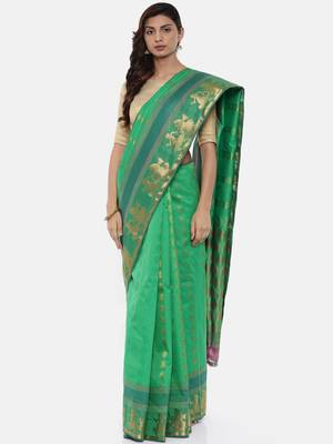 CLASSICATE from the house of The Chennai Silks Women's Green Pure Kanchipuram Silk Saree With Blouse 1
