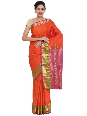CLASSICATE from the house of The Chennai Silks Women's Orange Pure Kanchipuram Silk Saree With Blouse 1