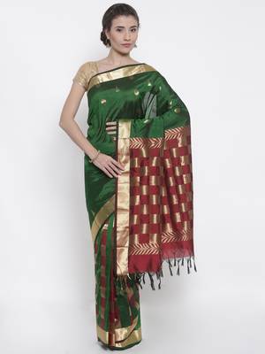 CLASSICATE from the house of The Chennai Silks Women's Green Pure Kanchipuram Silk Saree With Blouse 1
