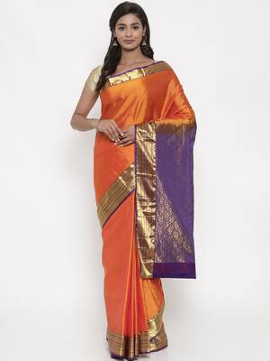 CLASSICATE from the house of The Chennai Silks Women's Orange Pure Kanchipuram Silk Saree With Blouse 1
