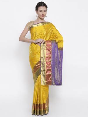 CLASSICATE from the house of The Chennai Silks Women's Yellow Pure Dharmavaram Silk Saree With Blouse 1