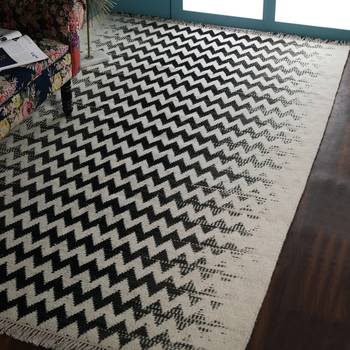 PEQURA Black and Off-White Stripes Patterned Hand Woven Carpet 1