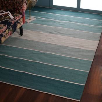 PEQURA Green Woollen Stripes Patterned Hand Woven Carpet 1