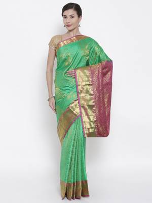 CLASSICATE from the house of The Chennai Silks Women's Green Pure Dharmavaram Silk Saree With Blouse 1