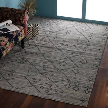 PEQURA Beige and Black Woollen Hand Woven Abstract Patterned Tufted Carpet 1