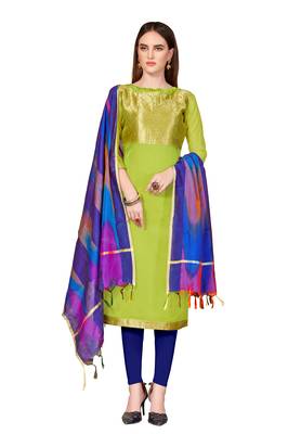 Women's Light Green Banarasi Cotton salwar Suit With Rainbow Banarasi Dupatta 1