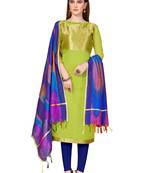 Women's Light Green Banarasi Cotton salwar Suit With Rainbow Banarasi Dupatta