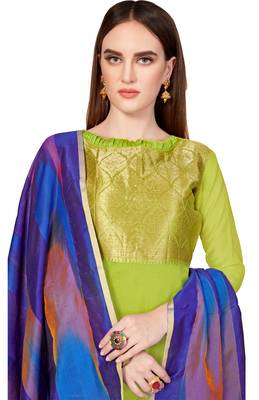 Women's Light Green Banarasi Cotton salwar Suit With Rainbow Banarasi Dupatta 2